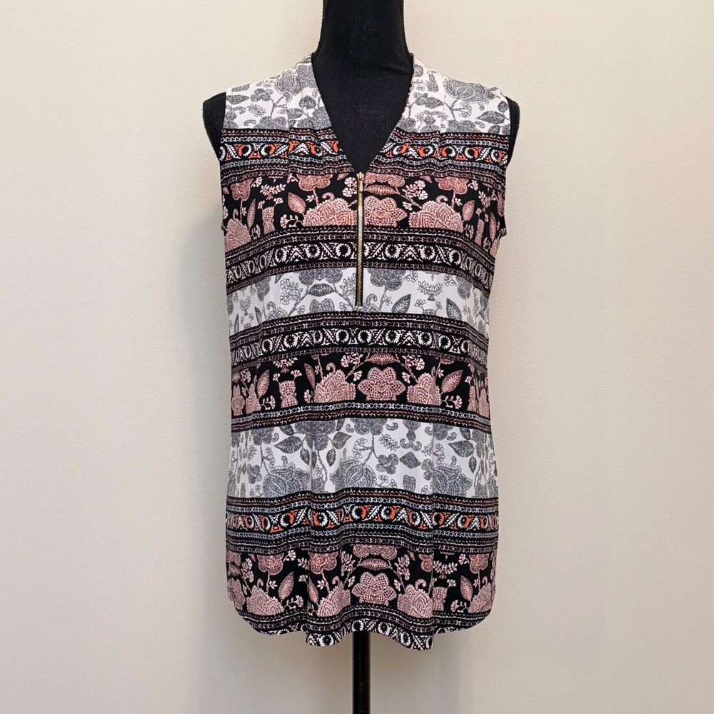 Adrienne Vittadini Womens M? Floral Quarter Zip Sleeveless Tank Top V Neck Flowy